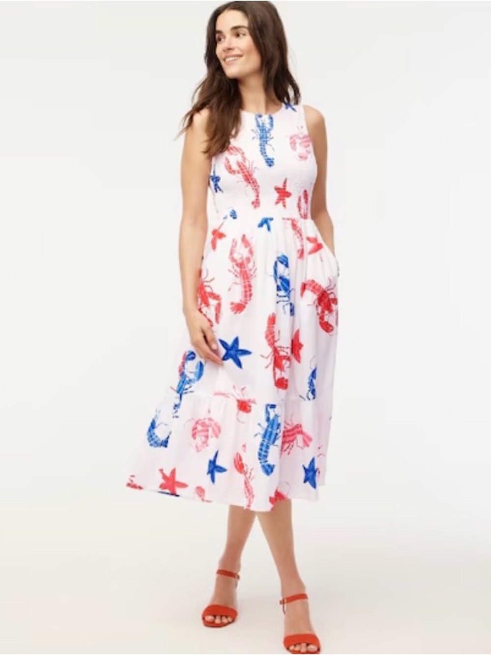 J. Crew White Midi Dress with Red & Blue Nautical Print 🦞